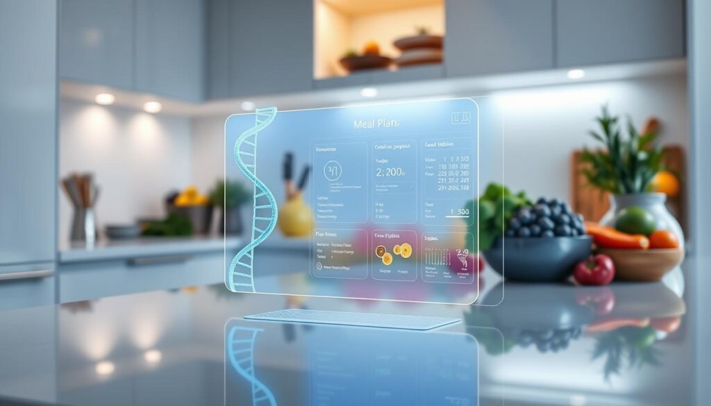 Prompt A sleek, minimalist kitchen countertop with a holographic display showcasing a personalized meal plan. In the foreground, a DNA sample is being analyzed by an advanced AI system, its results seamlessly integrated into the meal plan interface. In the background, various healthy ingredients are neatly arranged, with subtle lighting highlighting their vibrant colors. The overall atmosphere conveys a sense of effortless integration between genomic data and practical dietary solutions, creating a visually stunning representation of the future of personalized nutrition. Prompt A sleek, minimalist kitchen countertop with a holographic display showcasing a personalized meal plan. In the foreground, a DNA sample is being analyzed by an advanced AI system, its results seamlessly integrated into the meal plan interface. In the background, various healthy ingredients are neatly arranged, with subtle lighting highlighting their vibrant colors. The overall atmosphere conveys a sense of effortless integration between genomic data and practical dietary solutions, creating a visually stunning representation of the future of personalized nutrition.