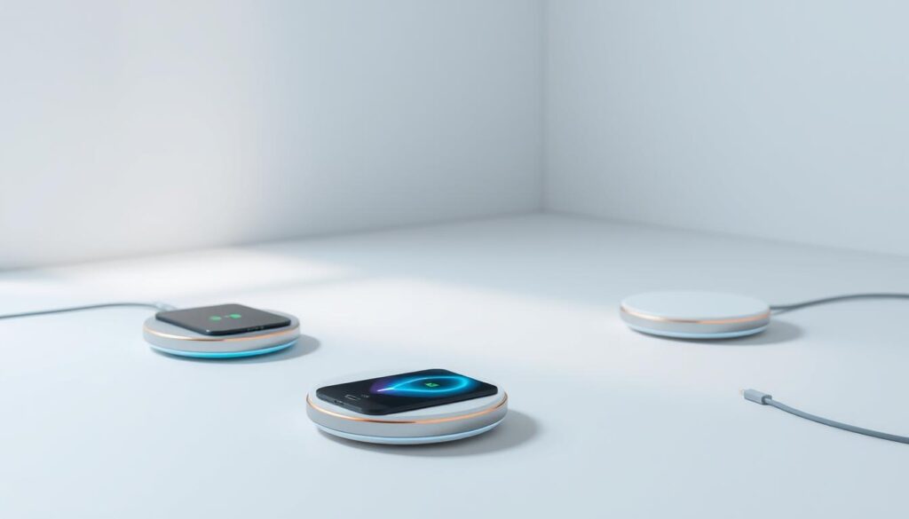 Wireless power transfer devices, their sleek forms hovering in a minimalist studio setting. Futuristic charging pads and receivers arranged with precision, casting soft, ambient lighting across the scene. Elegant, metallic accents complement the clean, modern design aesthetic. A sense of technological progress and convenience pervades the composition, inviting the viewer to imagine a cable-free world of effortless power on demand. Carefully positioned to showcase the devices' key features and user-friendly interfaces, the image captures the essence of consumer-ready wireless charging solutions. Wireless power transfer devices, their sleek forms hovering in a minimalist studio setting. Futuristic charging pads and receivers arranged with precision, casting soft, ambient lighting across the scene. Elegant, metallic accents complement the clean, modern design aesthetic. A sense of technological progress and convenience pervades the composition, inviting the viewer to imagine a cable-free world of effortless power on demand. Carefully positioned to showcase the devices' key features and user-friendly interfaces, the image captures the essence of consumer-ready wireless charging solutions.