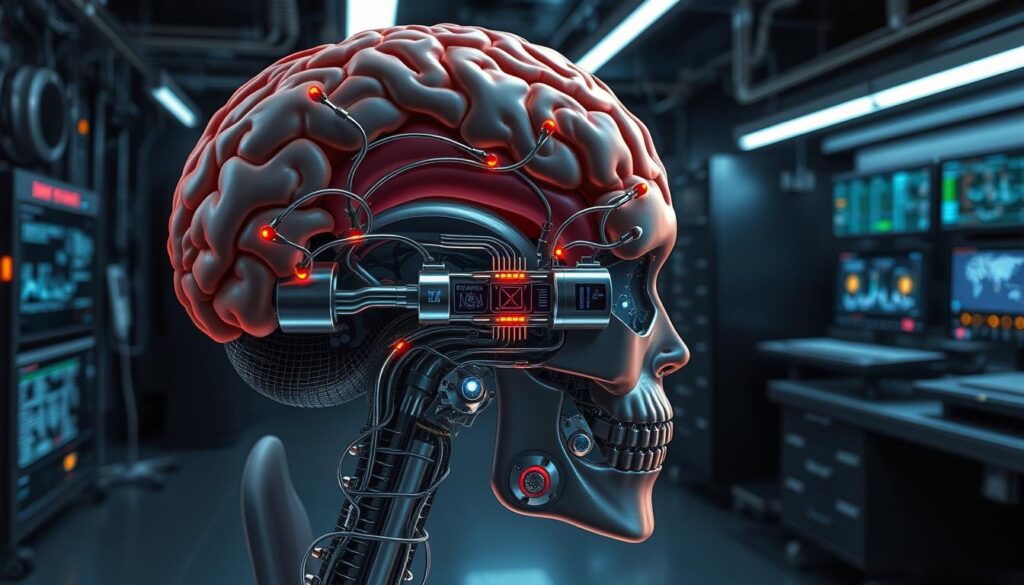 a detailed scientific illustration of a brain-machine interface, depicting the inner workings and connections between the human brain and a cybernetic device. the foreground shows a cross-section of the skull, with intricate neural pathways and synapses visible, intertwining with sleek metallic components and circuits. the middle ground focuses on the interface, a seamless integration of biological and technological elements, with glowing indicators and readouts. the background features a dimly lit, high-tech laboratory setting, with various monitoring equipment and diagnostic displays, creating an atmosphere of scientific exploration and discovery. a detailed scientific illustration of a brain-machine interface, depicting the inner workings and connections between the human brain and a cybernetic device. the foreground shows a cross-section of the skull, with intricate neural pathways and synapses visible, intertwining with sleek metallic components and circuits. the middle ground focuses on the interface, a seamless integration of biological and technological elements, with glowing indicators and readouts. the background features a dimly lit, high-tech laboratory setting, with various monitoring equipment and diagnostic displays, creating an atmosphere of scientific exploration and discovery.
