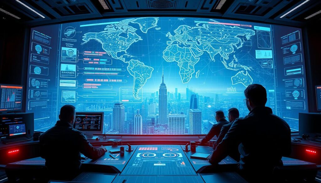 a highly detailed, cinematic, wide-angle view of a futuristic cyber security control center, featuring a massive holographic display with intricate visualizations of encrypted data flows, network topographies, and threat intelligence. the foreground is dominated by a team of cyber analysts in sleek, high-tech uniforms, intently monitoring the display and coordinating a comprehensive cyber defense strategy. the middle ground showcases advanced security appliances, quantum encryption servers, and AI-powered threat detection systems. the background depicts a sprawling cityscape shrouded in a hazy, electric-blue glow, hinting at the vast economic and national security implications of this cyber battle. the overall scene conveys a sense of urgency, resilience, and the high-stakes struggle to protect critical infrastructure and sensitive data in the face of quantum computing breakthroughs. a highly detailed, cinematic, wide-angle view of a futuristic cyber security control center, featuring a massive holographic display with intricate visualizations of encrypted data flows, network topographies, and threat intelligence. the foreground is dominated by a team of cyber analysts in sleek, high-tech uniforms, intently monitoring the display and coordinating a comprehensive cyber defense strategy. the middle ground showcases advanced security appliances, quantum encryption servers, and AI-powered threat detection systems. the background depicts a sprawling cityscape shrouded in a hazy, electric-blue glow, hinting at the vast economic and national security implications of this cyber battle. the overall scene conveys a sense of urgency, resilience, and the high-stakes struggle to protect critical infrastructure and sensitive data in the face of quantum computing breakthroughs.