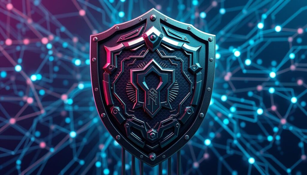 a highly detailed digital illustration of a traditional encryption system, depicted as a sturdy, futuristic shield against a backdrop of complex, interconnected digital networks. The shield is composed of intricate geometric patterns and futuristic metallic textures, emblazoned with a central emblem representing the strength and reliability of conventional encryption methods. The networks in the background are rendered in a mix of shimmering blues, greens, and purples, conveying the dynamic, ever-evolving nature of the digital landscape. Dramatic lighting and a sense of depth and scale create a powerful, authoritative visual that evokes the crucial role of traditional encryption in safeguarding our digital world. a highly detailed digital illustration of a traditional encryption system, depicted as a sturdy, futuristic shield against a backdrop of complex, interconnected digital networks. The shield is composed of intricate geometric patterns and futuristic metallic textures, emblazoned with a central emblem representing the strength and reliability of conventional encryption methods. The networks in the background are rendered in a mix of shimmering blues, greens, and purples, conveying the dynamic, ever-evolving nature of the digital landscape. Dramatic lighting and a sense of depth and scale create a powerful, authoritative visual that evokes the crucial role of traditional encryption in safeguarding our digital world.