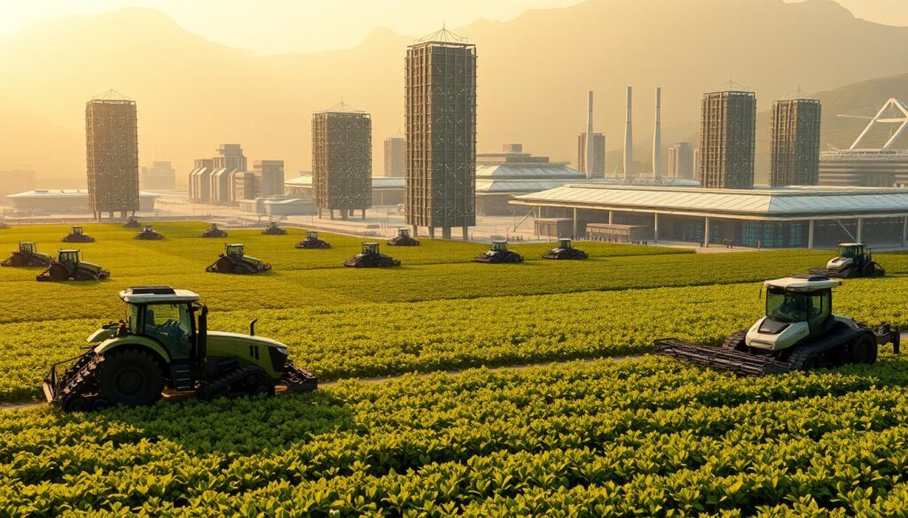 a highly detailed, hyper-realistic, futuristic robotic agricultural scene depicting a sprawling, automated smart farm with advanced machinery, precision sensors, and cutting-edge technologies. In the foreground, a fleet of autonomous tractors and harvesters glide across lush, verdant fields, their movements guided by complex algorithms. In the middle ground, towering vertical farms and hydroponic grow-houses stand like monolithic structures, their interiors illuminated by an intricate web of LED lights. In the background, gleaming research facilities and data centers hum with the activity of scientists and AI-powered systems, constantly optimizing and refining the farming processes. Warm, golden sunlight bathes the scene, creating a sense of technological wonder and progress. The overall atmosphere evokes a future where human-robot collaboration has revolutionized sustainable, high-yield agriculture. a highly detailed, hyper-realistic, futuristic robotic agricultural scene depicting a sprawling, automated smart farm with advanced machinery, precision sensors, and cutting-edge technologies. In the foreground, a fleet of autonomous tractors and harvesters glide across lush, verdant fields, their movements guided by complex algorithms. In the middle ground, towering vertical farms and hydroponic grow-houses stand like monolithic structures, their interiors illuminated by an intricate web of LED lights. In the background, gleaming research facilities and data centers hum with the activity of scientists and AI-powered systems, constantly optimizing and refining the farming processes. Warm, golden sunlight bathes the scene, creating a sense of technological wonder and progress. The overall atmosphere evokes a future where human-robot collaboration has revolutionized sustainable, high-yield agriculture.